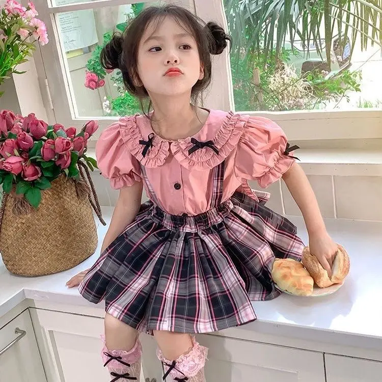 Children\'s Clothing Baby JK Skirt Cute Pure Cotton Rabbit Ear Shirt Girls Checkered Strap Pants Academy