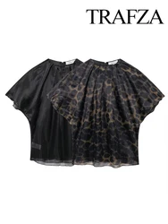 TRAFZA Women Fashion Leopard Double Layer Organza Zip Top Female Black Elegant Pleated Oversize Short Sleeve Casual Blouse Mujer