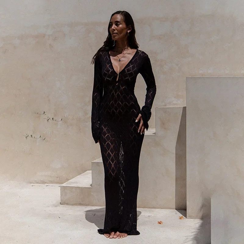 Sexy Knitted White Long Dress Women Deep V Neck Long Sleeve Slim High Waist Party Beach Dresses 2025 Spring Lady Hollow Out Robe