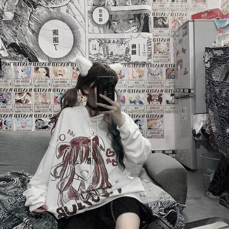 Sweet Cool Hooded Sweatshirt หญิงสาวอะนิเมะ Kawaii ฤดูใบไม้ร่วงฤดูหนาวเกาหลีรุ่นหลวมสบายๆแฟชั่น Harajuku Hoodie