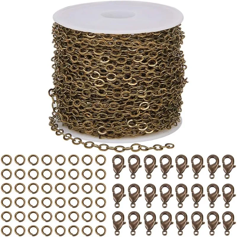 1Set DIY 33 Feet Antique Bronze Curb Cable Chain Link Necklace Width 3mm with 30 Brass Lobster Claw Clasps 100 Brass Jump Rings