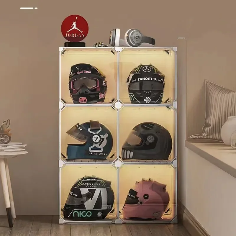 Minimalist Transparent Plastic Helmet Storage Rack Motorcycle Hat Dustproof Storage Cabinet Home Foldable Clothes Hook Shelf