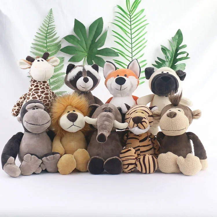 25cm Stuffed Lifelike Lion Tiger Elephant Monkey Leopard Giraffe Raccoon Doll Simulation Forest Animals Plush Toys for Kids Gift