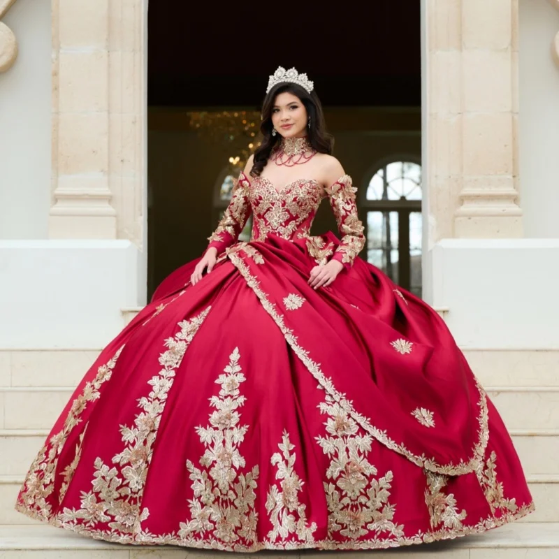

Satin Red Quinceanera Dress Golden Sequins Decal Long tail off-shoulder Layering Bow Vestidos De 15 Quinceanera ﻿Customize