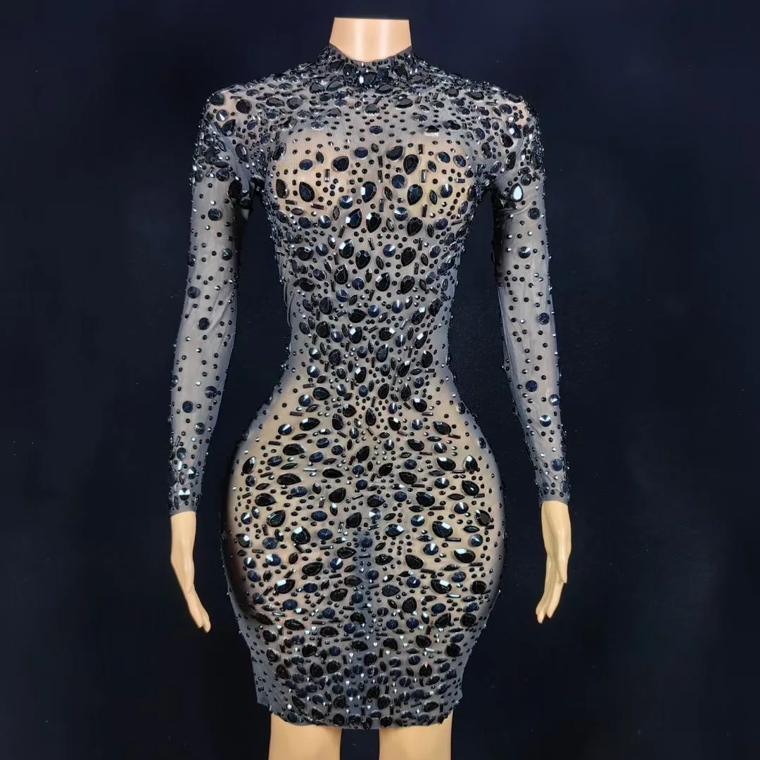 

Sparkly Rhinestones Long Sleeves Dress Elegant Black Mesh Celebrate Prom Gown Birthday Evening Party Dresses Photograph Wear