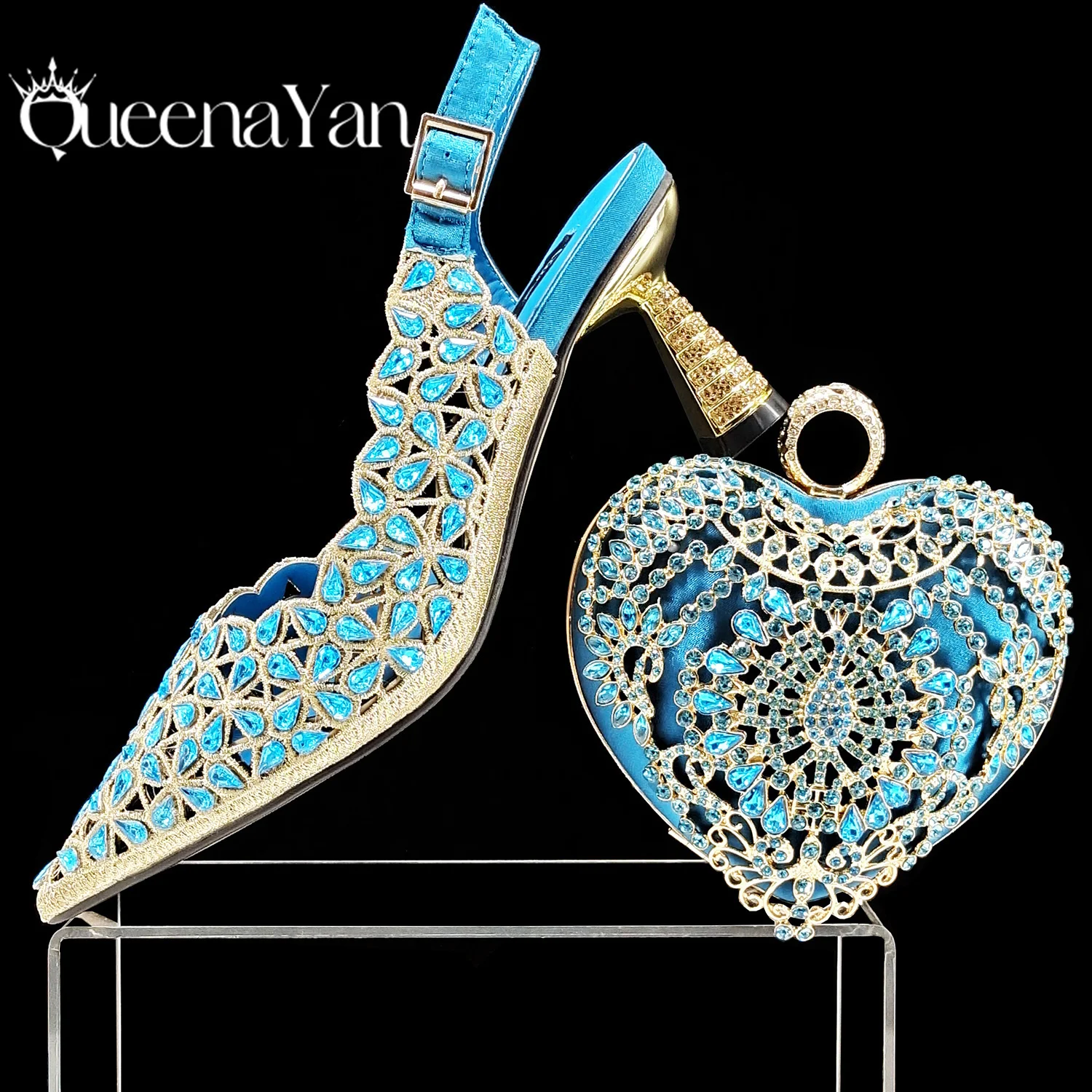 Mature Sky Blue Colorful Rhinestone Decoation Design Pointed Toe High Heel Lady Shoes and Heart Shape Mini Bag for Party Wedding