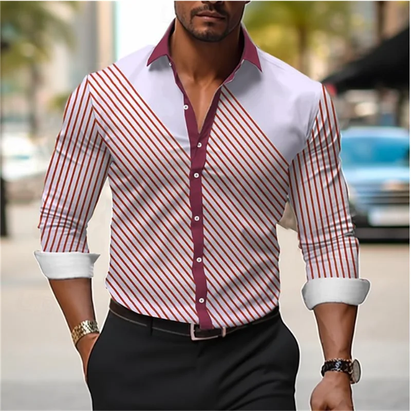 Men\'s long-sleeved lapel shirt, fashionable business striped plaid, soft, comfortable, lightweight casual top, new style S --6XL