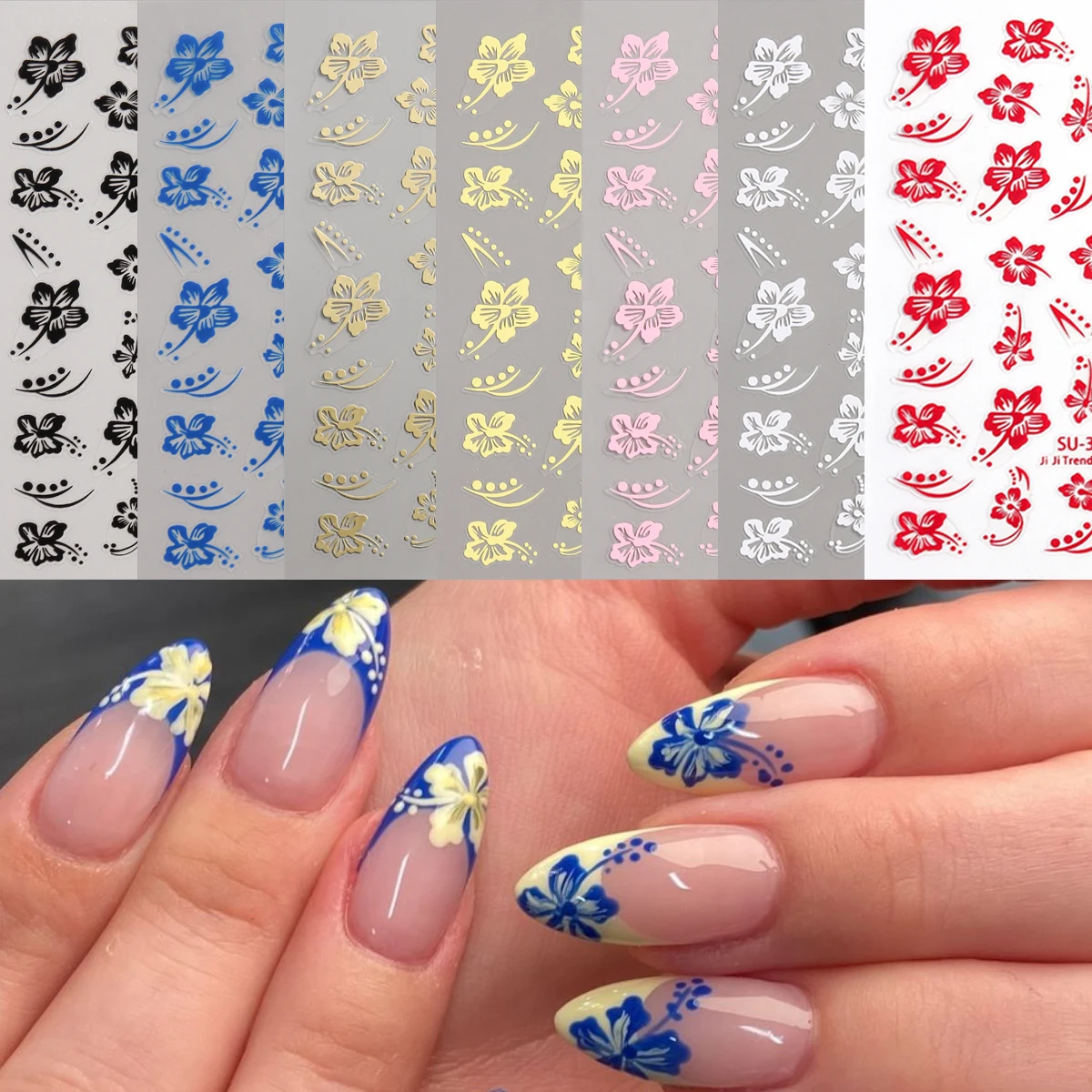 Pegatinas de uñas de flores de hibisco, decoraciones de uñas autoadhesivas, calcomanías de uñas autoadhesivas DIY florales multicolores, salón de manicura