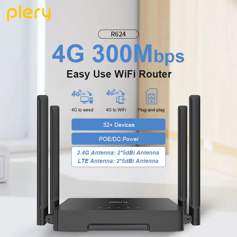 PLERY LTE Cat6 1200Mbps Sim Card Router WiFi5 Dual Band 2.4G /5.8G WiFi Signal Router Wireless Extender Amplifier Plug and Play