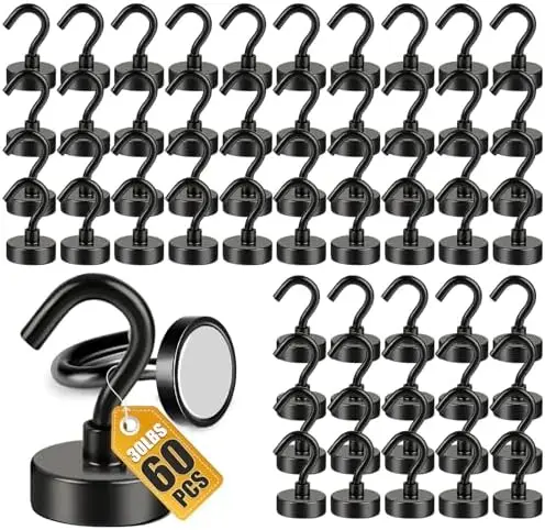 

60 Pack Heavy Duty Magnetic Hooks - 30lbs+, Black for Home, Kitchen, Garage, Cruise, Beach, Classroom