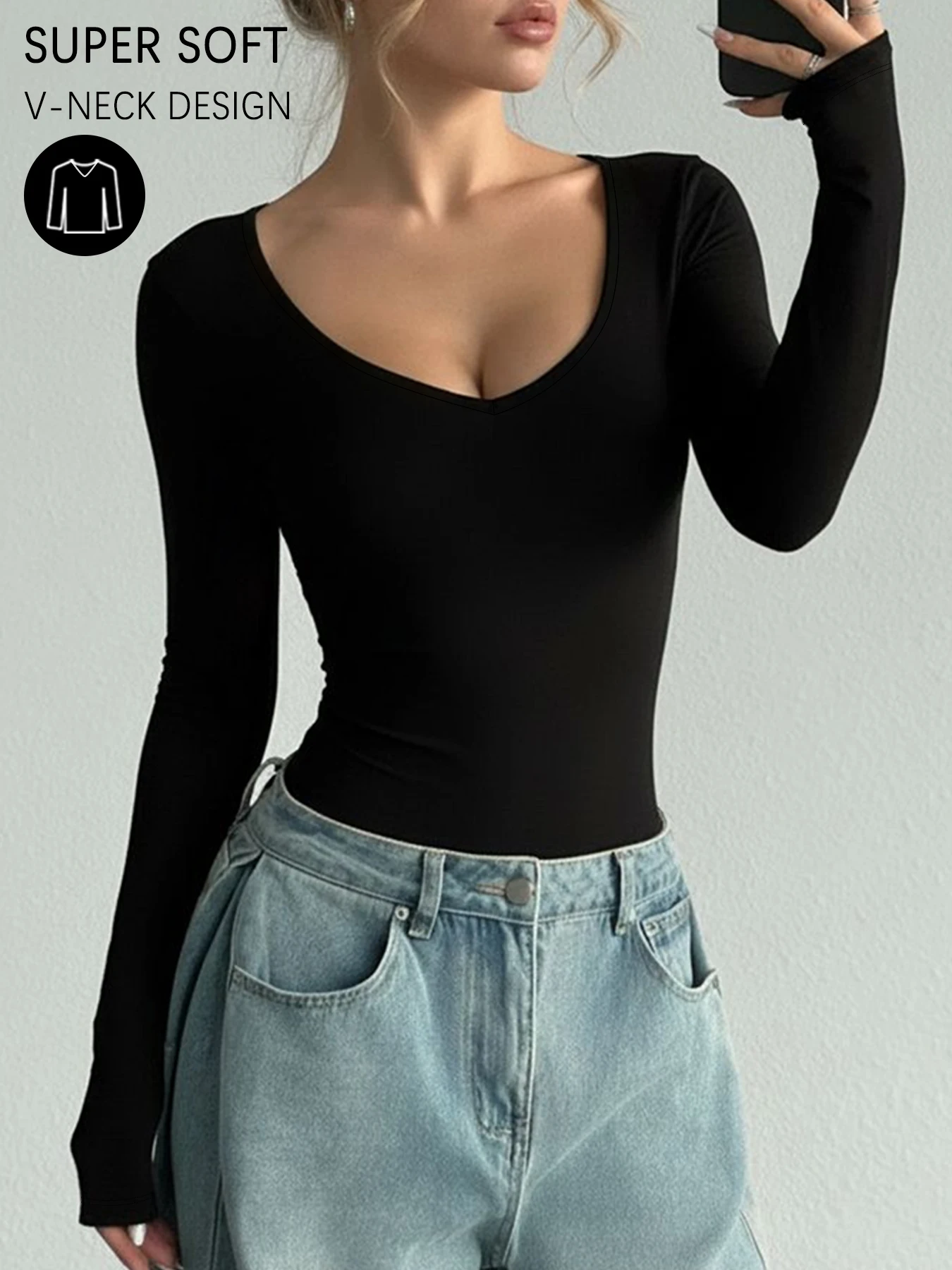 Women's Long Sleeve T-Shirt，High Stretch Super Soft V-Neck，All-Season Fit
