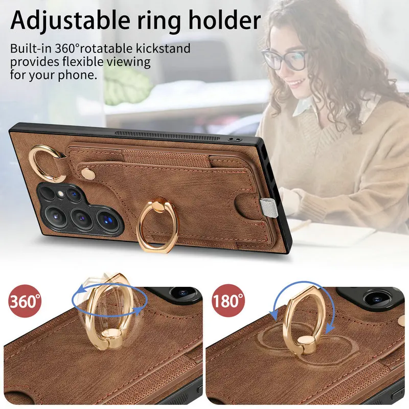 Magnetic Card Case for Samsung Galaxy S26 Ultra 5G Luxury Cover Leather Metal Ring Back Coque Samsung S24 Plus S25 S 24 FE Funda