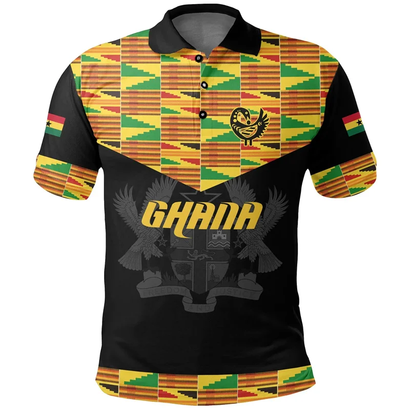 3D Printed Ghana Map Flag Polo Shirt The Republic-of Ghana Coat Of Arms Graphic Polo T Shirt For Men Fashion Streetwear Clothing