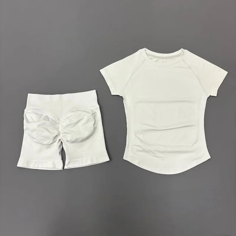 2 stuks HISTELLO sportsets naadloze yoga-top met korte mouwen, fitnessset, dames workout, hardloopsportshorts, gympak - afbeelding 1