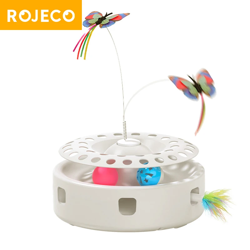 ROJECO 2-in-1 slim kattenspeelgoed Automatische veer Leuke balspeelgoedset voor kat Hond 5 modi Elektronische interactieve huisdierenspeelgoedaccessoires