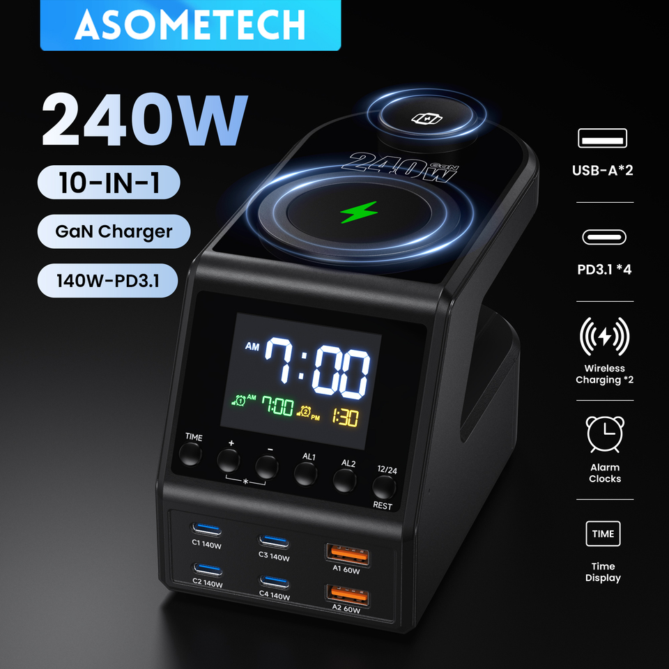 240W GaN Charger Station 4×140W PD3.1 PPS USB Type C Wireless Fast Charger for MacBook iPhone Samsung Alarm Clock Time Display