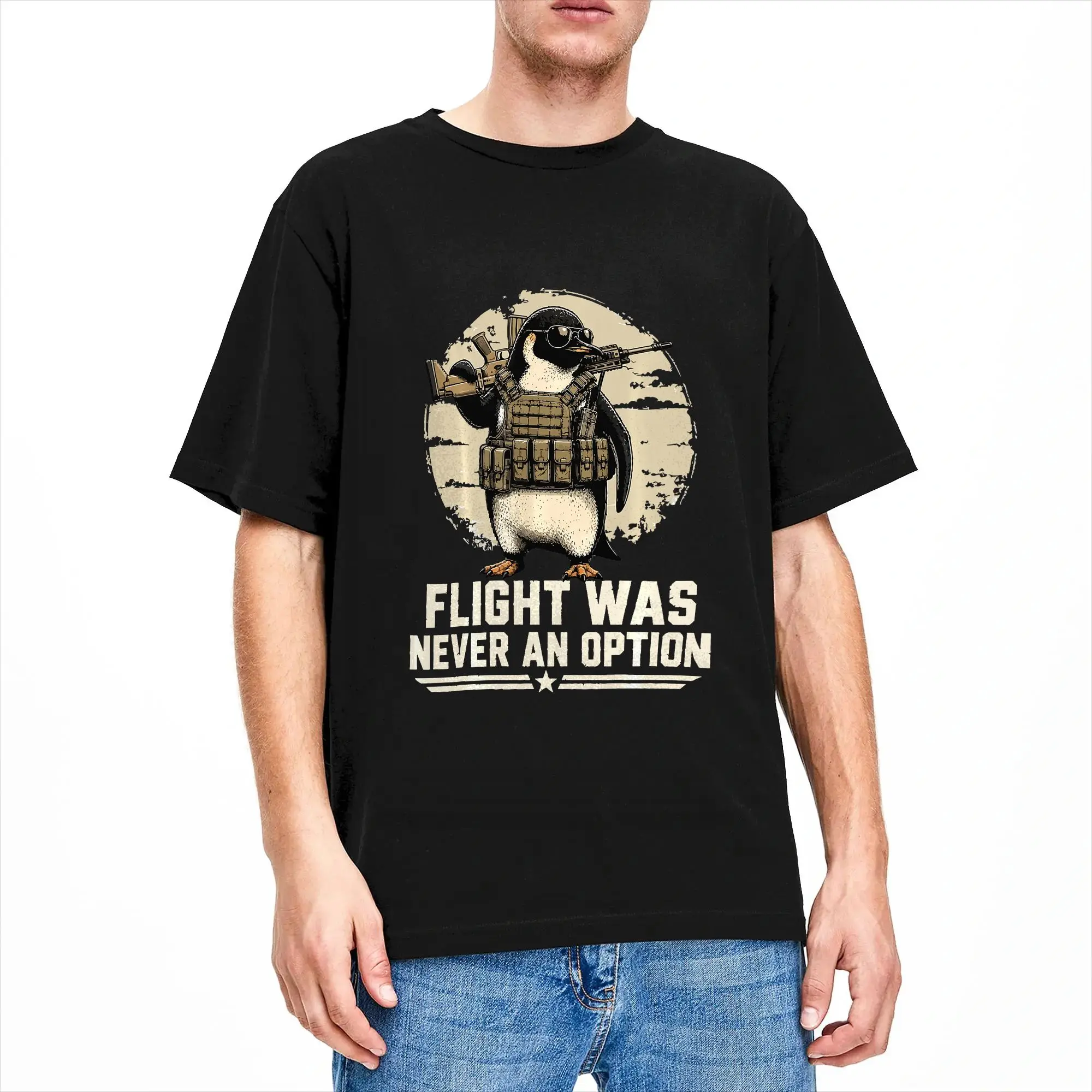 Mens T Shirt Flight was Never an Option Tactical Penguin Retro Bird Meme T Shirts Novelty  Summer Tees Funny Pure Cotton Tops