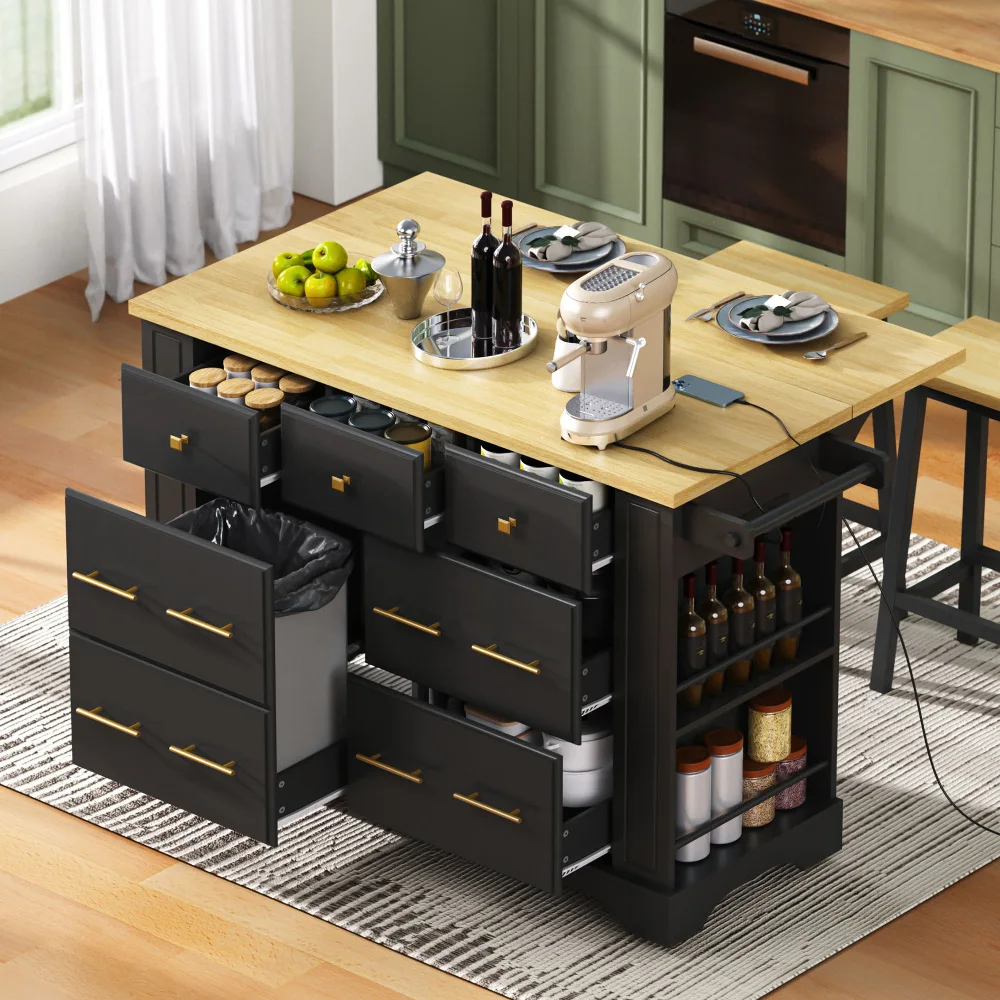 

K&K Kitchen Island:6 Drawers,Pull-Out Trash,5 Wheels,Drop Leaf,Power Outlet,5 Racks,Black (Kitchen/Dining)