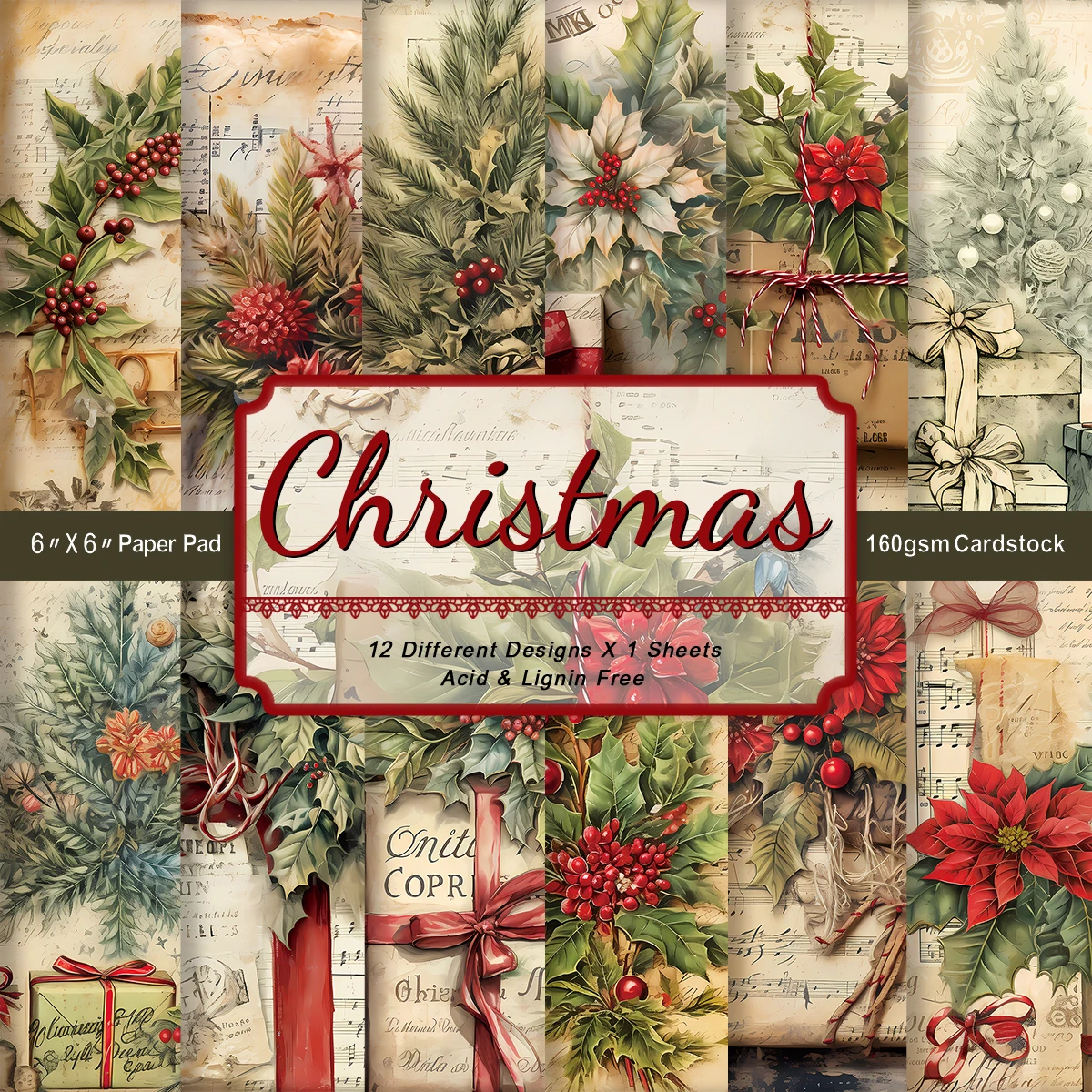 12 Stück Vintage Weihnachten dekoratives Papier-Holly, Weihnachtsstern-Design, DIY-Bastelzubehör für Journaling, Sammelalbum, Geschenkverpackung, Dekor