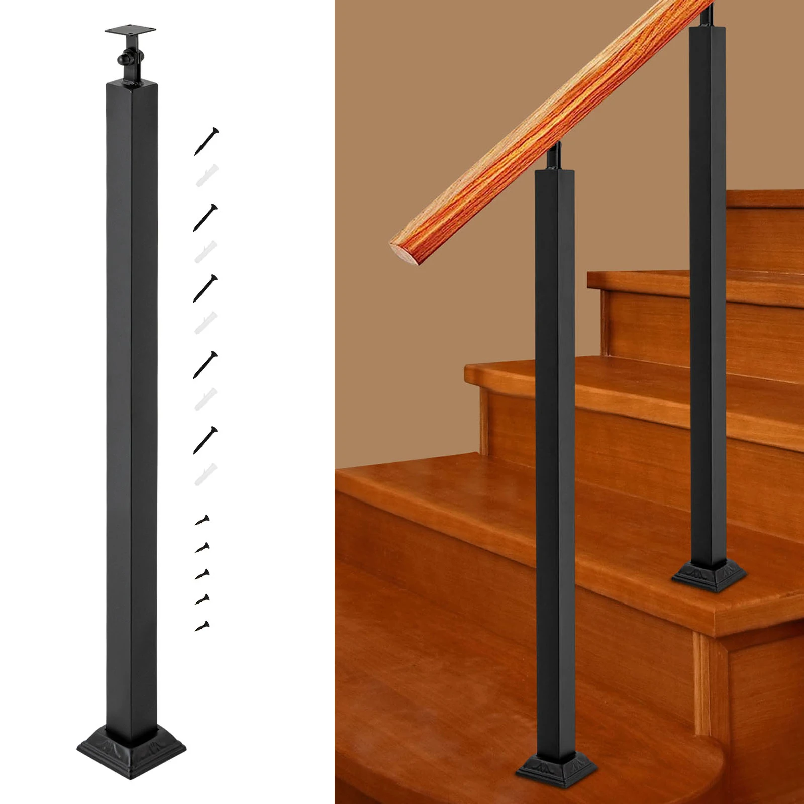 90cm Modern Black Iron Stair Balusters - Rectangular Posts, 180℃ Baking Paint, 270° Rotation, 220.5 lbs Load Bearing