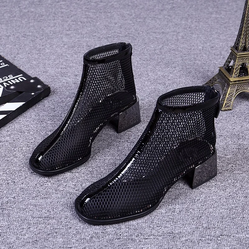 2024 New Summer  Ankle Mesh Breathable Shoes Women Cool Hollow Mid-heel Sandals Short Boots  Fashion Sexy Ladies Sandals