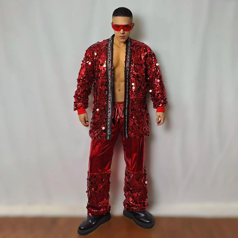 Strój do jazzu dla dorosłych, męski kostium sceniczny, czerwona cekinowa kurtka bejsbolówka, strój dla piosenkarza, męski strój na imprezę gogo, ubrania rave yk