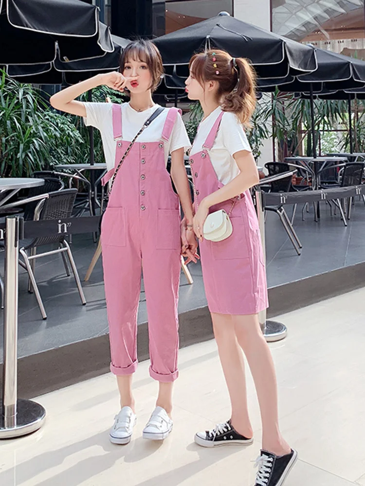 ENjoyce Summer Women White T-shirt and Jumpsuit Suit Sets Best Friends Suspender Skirt Ladies Pink Girl Sister 2 Piece Bodysuits