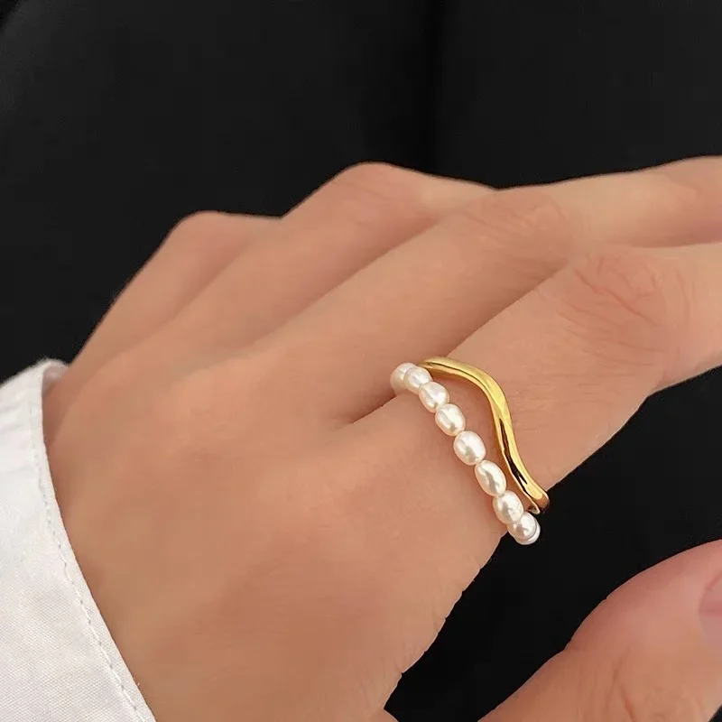 Minar Trendy Irregular Freshwater Pearl Charm Rings for Women Double Layers Gold Color Metallic Irregular Geometric Open Ring