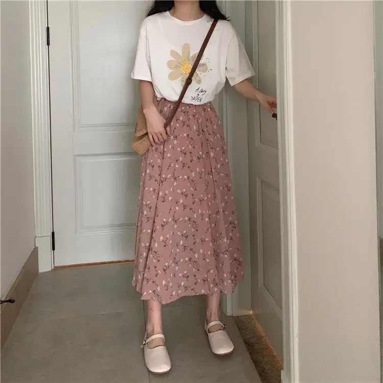 

A-line Pleated Female Fashion Korean Summer Skirt New Elastic Waist Drawstring Midi Skirt Women Spring Floral Print Long Skirts