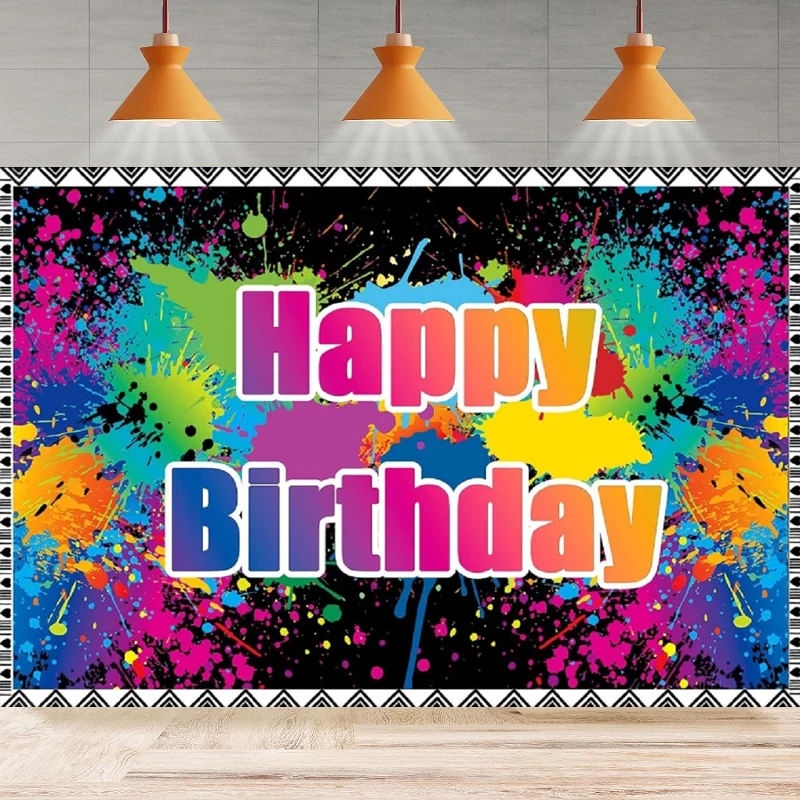 Neon Glow In The Dark Birthday Photography Backdrop Colorful Graffiti Splash Paint Banner Background Kids Sleppover Party Poster