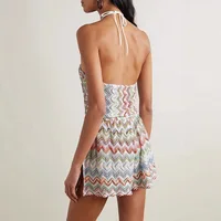 Women Halter Neck Zigzag Print Knit Romper, Sleeveless Backless Multicolor Chevron Jumpsuit, Summer Beach Playsuit - Image 2