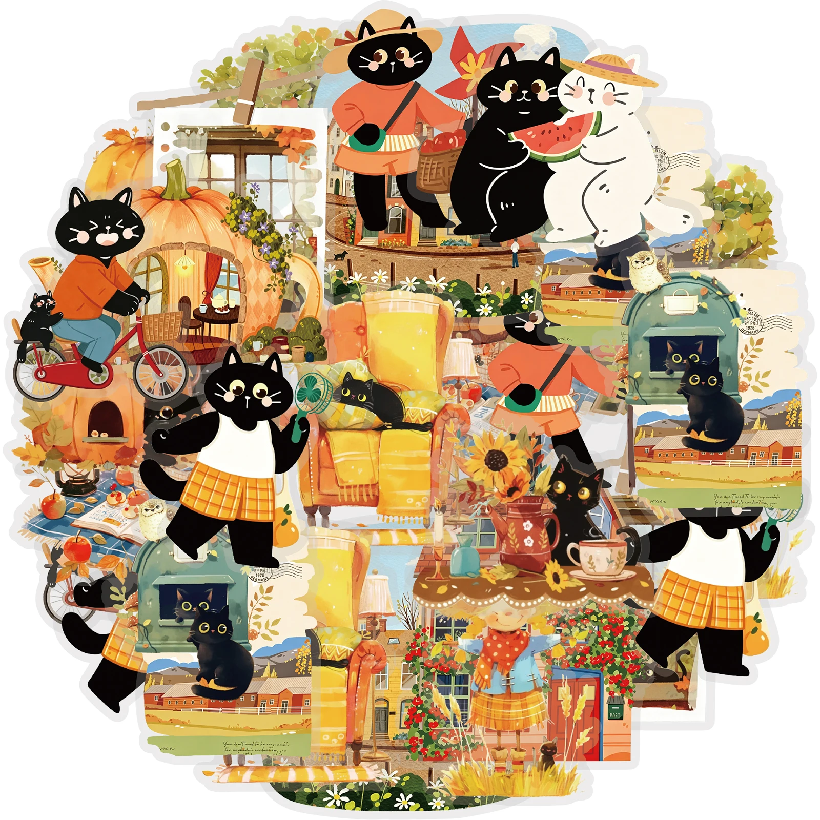 Etori Life 15pcs Autumn Field Scenery with Black Kitten Decoration Creative Pattern Die-Cut Stickers are suitable for DIY notebooks, handbags, water bottles, pencil cases and pen holders, diaries, scrapbooking supplies, room decoration, party decoration, cute aesthetics, children's toy stickers, and cycling decals