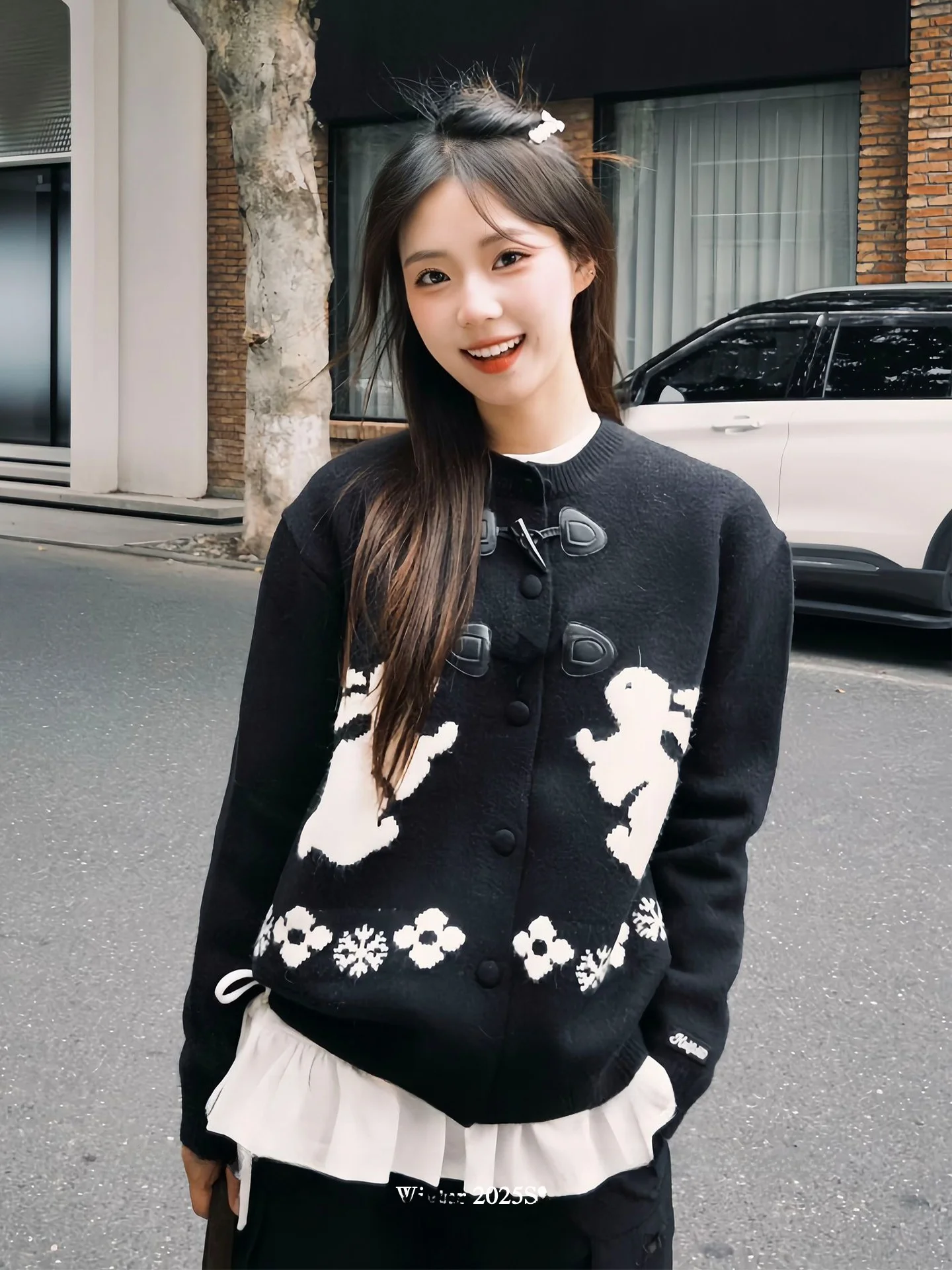 

Ladies' Lazy Style Knitted Sweater Coat Embroidered Loose Fit Winter Outerwear Button-Up Short Sleeve Top for Autumn Wear