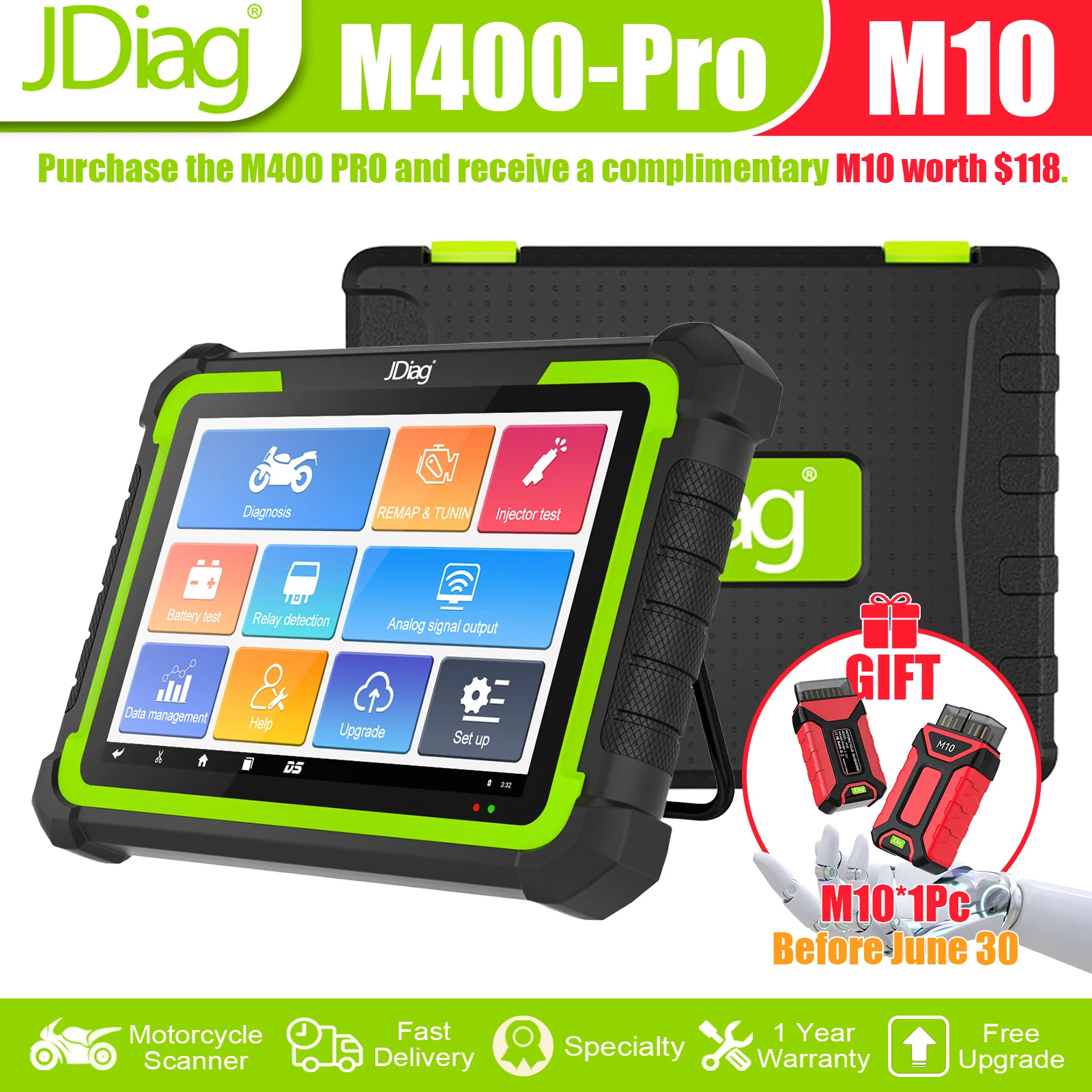 

2026 JDiag M400PRO Мотоциклетный OBD2 сканер, очистка кодов EFT, кодирование ЭБУ, тестер АКБ для Kawasaki Yamaha Honda KTM