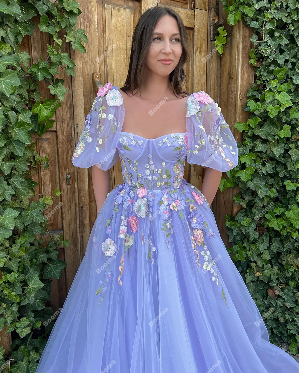 Booma Lavender Fairy Long Prom Dresses For Graduation Short Puff Sleeves 3D Flower Evening Dresses A Line Formal Party Gowns