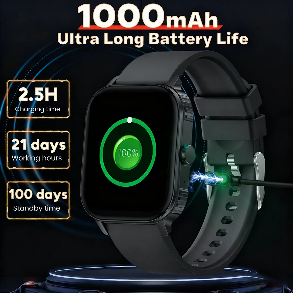 2025 1000mAh Super Capacidade Bateria Homens Adultos Relógio Inteligente Tela Grande de 2.1 polegadas Bluetooth Chamada IP68 À Prova D 'Água SmartWatch Esportes