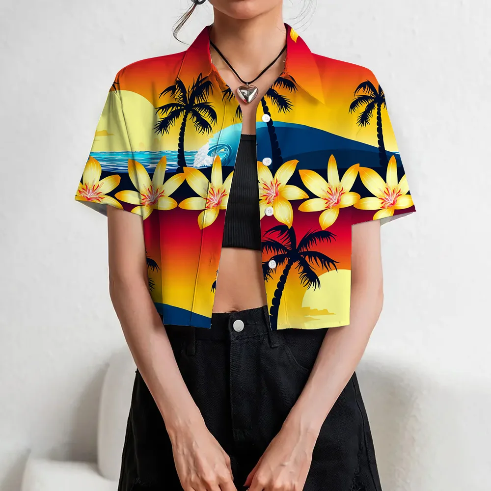 Hawaii Beach Short Sleeves Summer Vacation Fashion Botton Super-short Shirts Lapel Shirts Women Clothing Crop Top Shirts S-XL