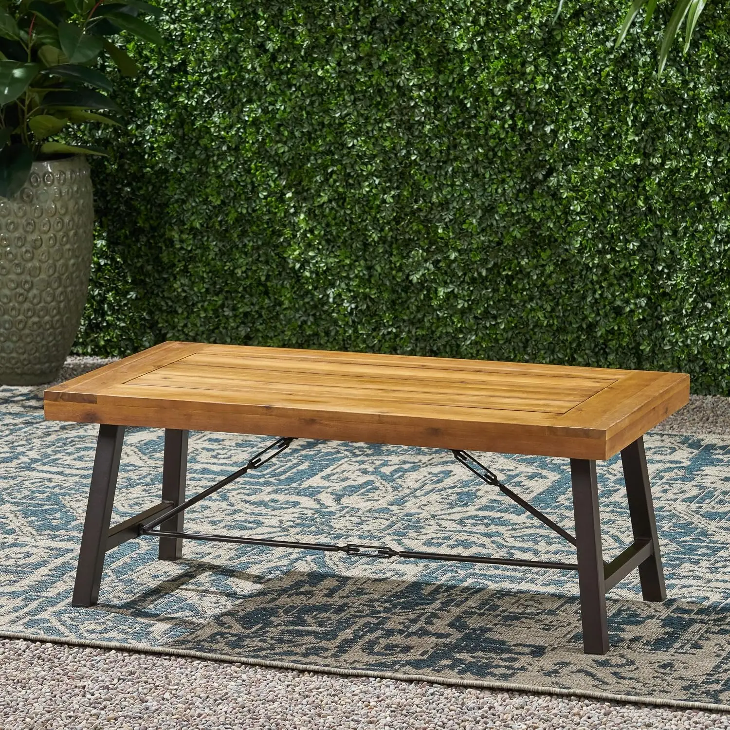 Outdoor Acacia Wood Coffee Table Teak Finish Rustic Brown Black Metal