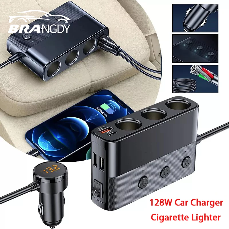 128W Car Charger Cigarette Lighter Adapter PD QC3.0 Multi Ports Socket with Switch 12V/24V Car Cigarette Lighter Socket Splitter