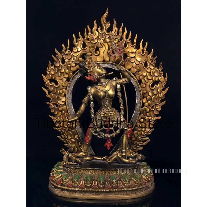 

35cm Tibetan Old Yellow Copper Gilded Gold Painted Face with Backlight and Empty Walking Buddha Mother Tara Ornament