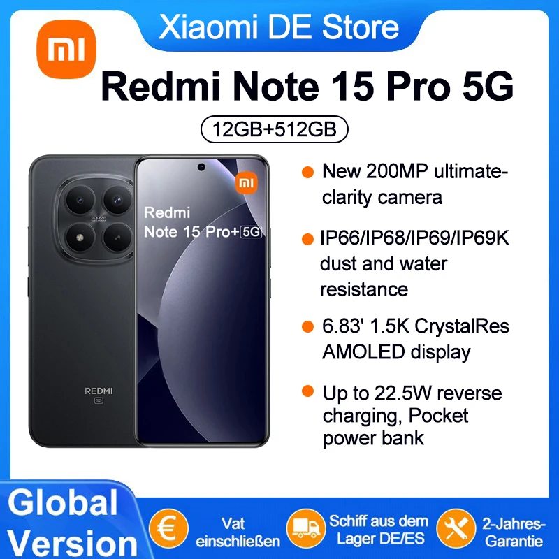 Version Globale REDMI Note 15 Pro 5G 12+512GB 6.8'' Écran AMOLED 1.5K CrystalRes Nouvelle Batterie Massif 6580mAh Appareil Photo 200MP Clarté Ultime