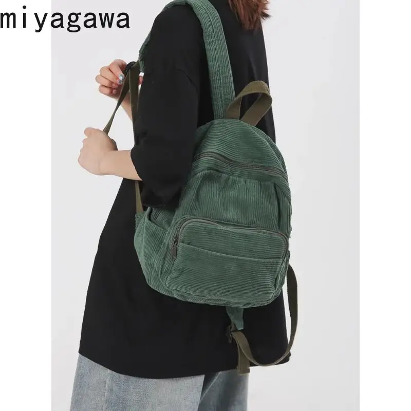 Miyagawa Canvas Backpack for Women Solid Color Corduroy Japanese Instagram Retro Versatile Small Backpacks