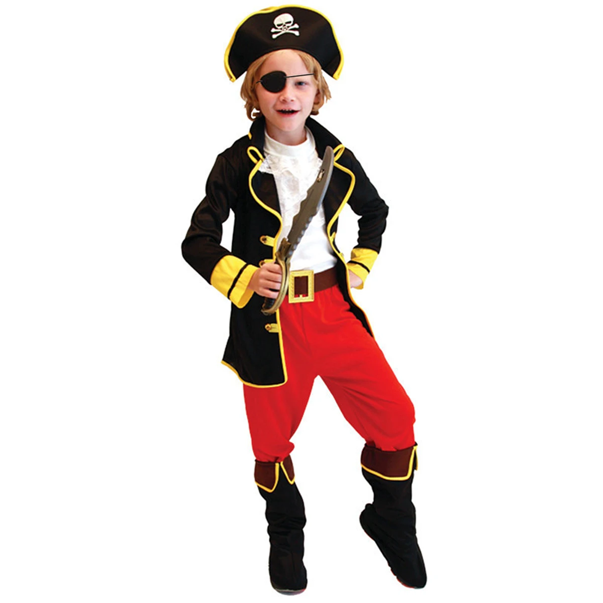 

6 pcs Boys Pirate Cosplay Costume Smooth Comfortable Flannel Material Jacket Pants Vest Belt Eye Patch Hat Ideal Halloween Party