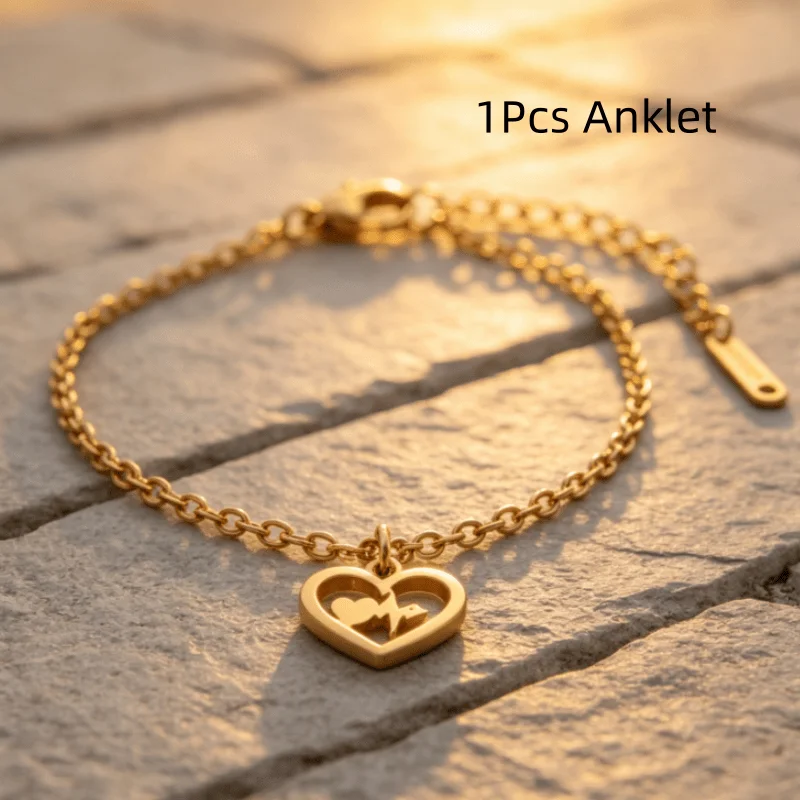 1Pcs stainless steel Golden anklet - cross chain + ECG embrace anklet, anti-fading, light luxury fashion elegant unisex, easy to