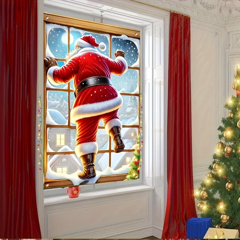 80 x 120 cm Fensterhintergrund, Stoff, Weihnachtsmann-Design, zum Aufhängen, Polyester, Weihnachten, dekorativ für Zuhause, Büro, Party, Neujahrsdekoration