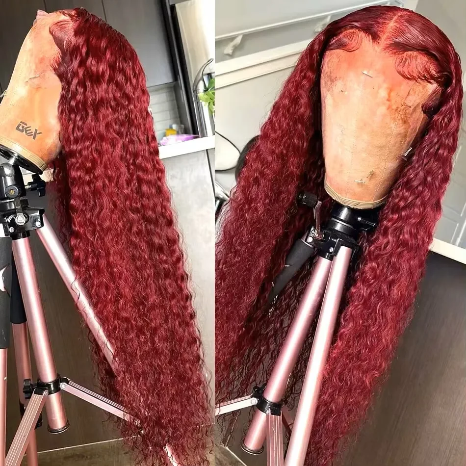 Wig depan renda merah anggur 99J gelombang dalam rambut manusia 13x6 Wig Frontal renda 13x4 transparan rambut dengan kepadatan 200 warna Brasil W