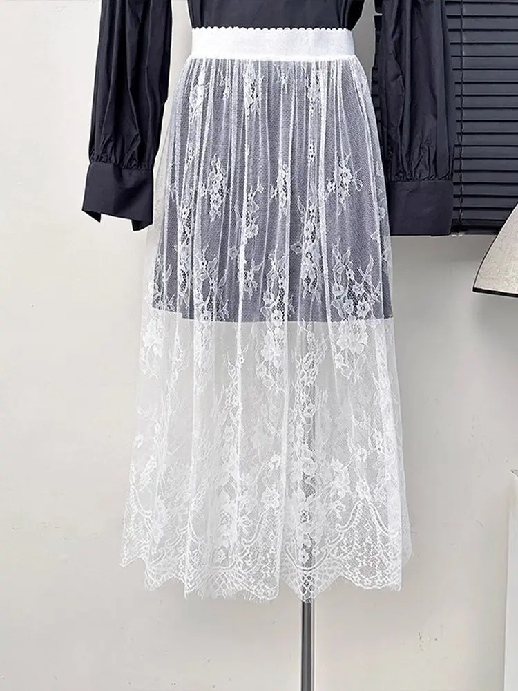 Elegant Lace Hollow out Embroidery Half Skirt Women's Spring 2025 New Fashion High Waist Layered Inner Skirt Curtain