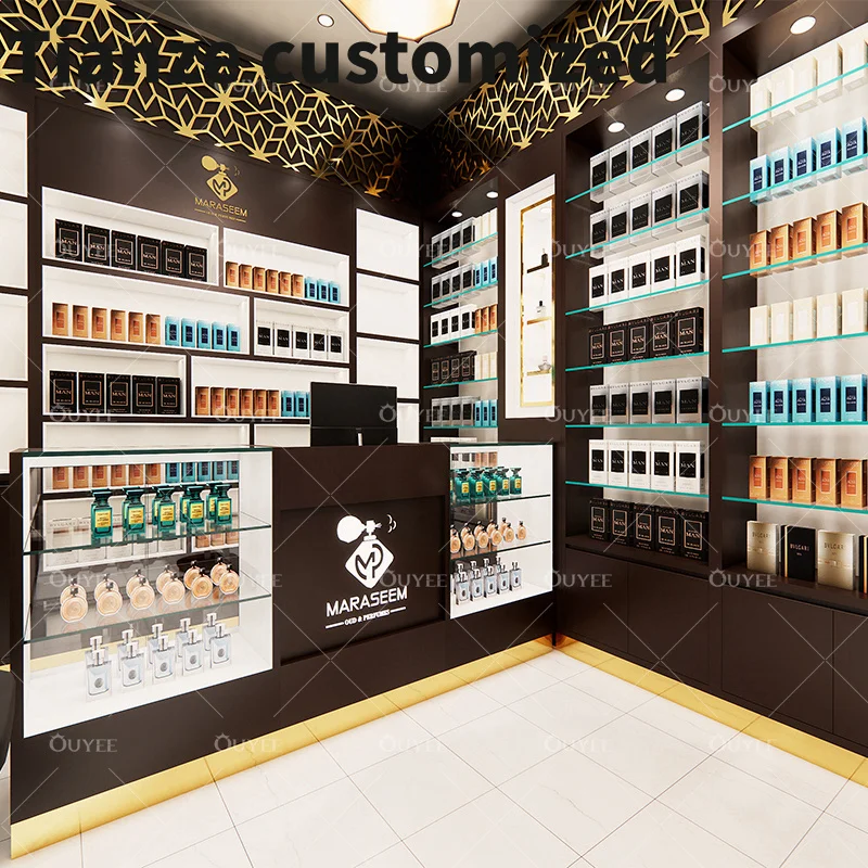 

Customized-Arabesque Luxury Perfume Shop Design Modern Glass Perfume Display Cabinet Wooden Wall Perfume Glass Display Showcase