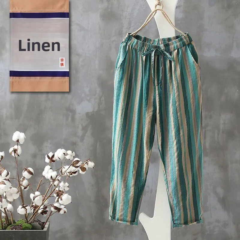 Pantaloni casual estivi da donna a nove pezzi a righe retrò Pantaloni larghi in cotone e lino di grandi dimensioni Harlan Carota Pantaloni da pendolarismo Sle Elastico...
