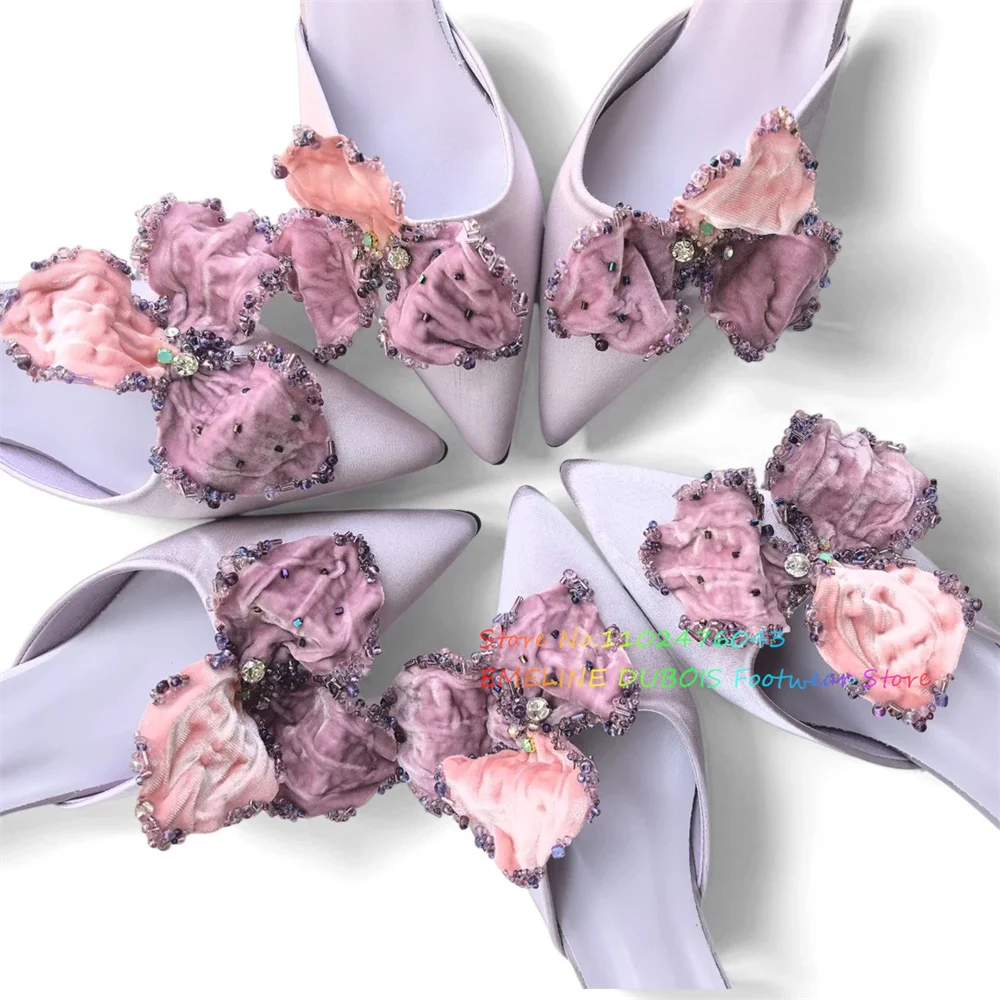 Silk Section Pointed Toe Low Heel Slippers Women Elegant Three-Dimensional Velvet Flower Crystal Slip On Casual Comfort Mules